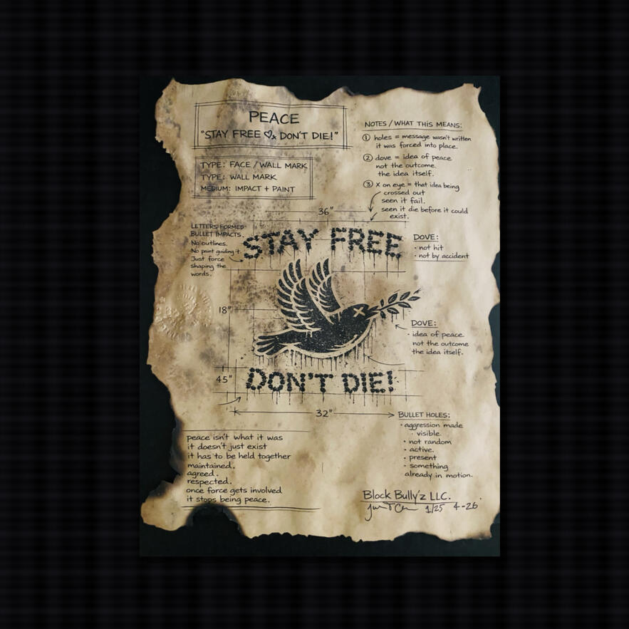 Series: Modern Artifacts Artifact: 01 Origin: Peace Shirt / Hoody / Hat Type: Design Deconstruction Record Medium: Hand-aged parchment Process: Physical aging + paint Edition: 25 Variation: No two are the same Markings: Stamped / Sign / Numbered / Date